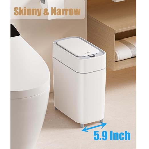 2-Pack - Bathroom Trash Can Automatic Touchless - 2 Gallon Slim Motion Sensor Garbage Can - Waste Basket for Bedroom, Laundry room, Small Spaces - Narrow Automatic Trash Bin - White with Grey Edge - Image 2