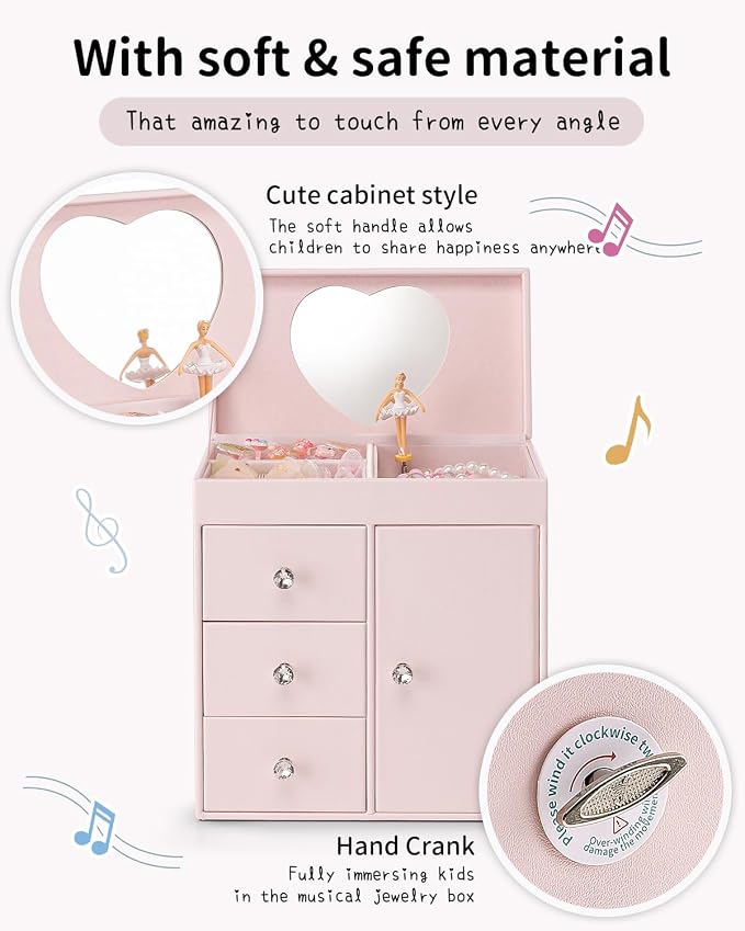 Vlando Musical Jewelry Box for Girls - Valentines Day Gift for Kid - Large Kid Music Box with Ballerina for Birthday Bedroom Decor, 4 Layer Girl Jewelry Gifts for Girls Kids - Light Pink - Image 3
