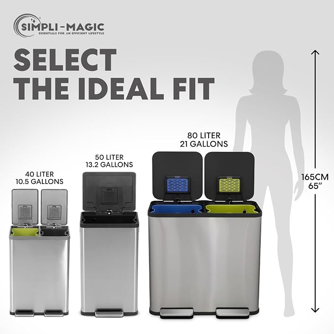 SIMPLI-Magic 21 Gallon (80L) Dual Compartment Kitchen Trash Can - Hands-Free Step Pedal, Soft-Close Lid, Stainless Steel Recycling Bin with Odor Filter (40L + 40L) - Image 4