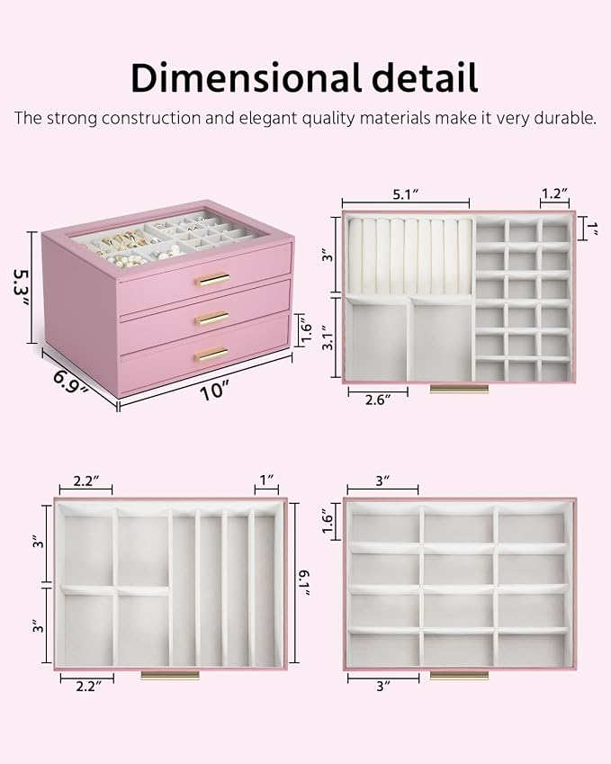 AKOZLIN Jewelry Box with Clear Lid Functional Leather Jewelry Storage Organizer Case 3 Drawers for Women Girls Necklace Ring Bracelet Earring - Image 3