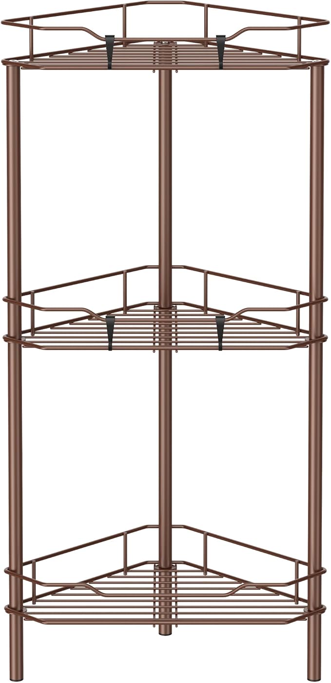 HuggieGems 3 Tier Floor Standing Corner Shower Caddy Organizer Shelf with Hooks, Bathroom Shelves Stand Rack, Coffee by HuggieGems