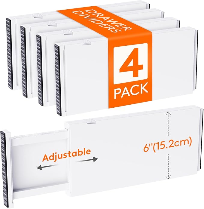 Lifewit 4 Pack 6" High Drawer Dividers 34-56cm/13.5-22" Adjustable Drawer Organizer for Clothes/Utensils, Expandable Drawer Separator in Dresser/Kitchen/Bedroom/Office Organization & Storage White by Lifewit