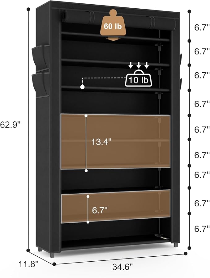 VILICK Shoe Rack with Cover Narrow Shoe Organizer with Pockets 10 Tier Tall Shoe Storage Holds 36-41 Pairs Shoes and Boots Shoe Rack for Closet Entryway Garage, Black - Image 3