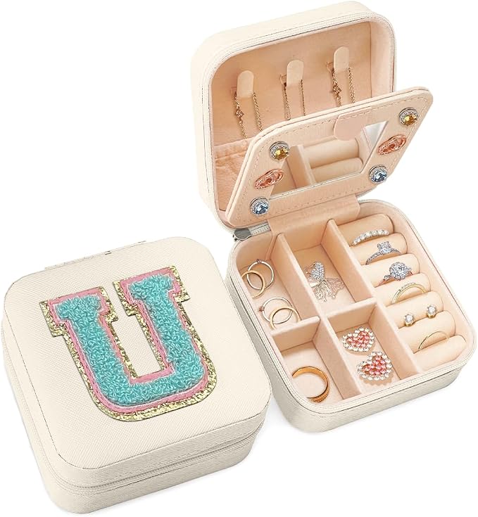 SANDJEST Personalized Jewelry Box, White Travel Jewelry Box with Initial U, Small Monogrammed Jewelry Case Organizer for Girls Women Teen Kids, Mini Travel Essentials Gifts for Birthday Christmas by SANDJEST