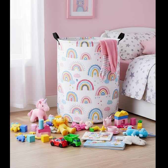 Baby Laundry Basket Baby Nursery Hamper Kids Laundry Basket Toy Storage Bin for Boys Room Decor Gift Baskets for Bedroom Bathroom(Blue Rainbow) - Image 4