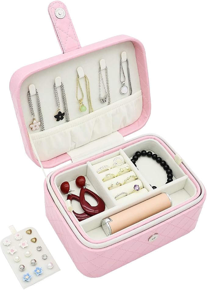 Jewelry Travel Case, 2-Layer Jewelry Box Organizer Medium Jewelry Travel Box, Portable Faux Leather Jewellery Storage Boxes with Argyle for Women, Daily Jewellery Case Home Use (Peach pink) - Image 4