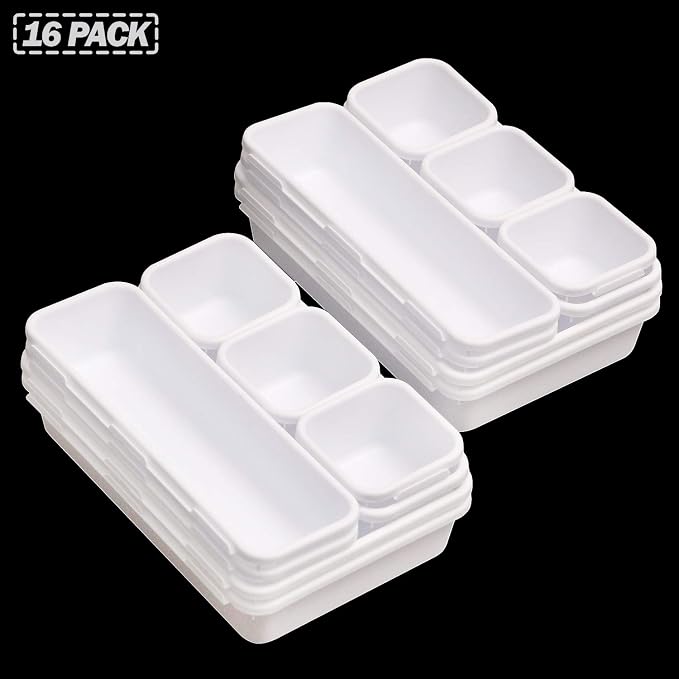 Set of 16 Interlocking Desk Drawer Organizer Tray Dividers Plastic Shallow Narrow Drawers Organizers Separators Storage Bins Container for Kitchen Bathroom Makeup Office Vanity Bedroom Dresser White - Image 7
