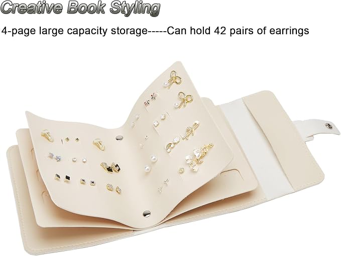 LAKE OF FIRE Earring Holder Organizer with Foldable Book Design Jewelry Book Organizer, Portable Pu Leather Travel Earring Case(Beige) - Image 5