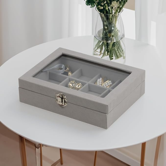 Fordonral Velvet Jewelry Organizer Box, Jewelry Drawer Organizers Trays, Earring Ring Necklace Holder Display Case (Gray, 12 Grid Box) - Image 3