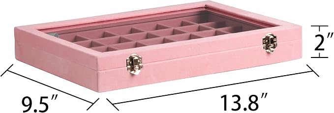 Frebeauty Velvet Jewelry Tray,35 Grid Jewelry Organizer with Clear Lid,Earring Holder Organizer Case with Clasp,Drawer Insert for Rings Studs,13.8 x 9.5 x 2 Inches,Gift for Women Girls(Pink) - Image 3