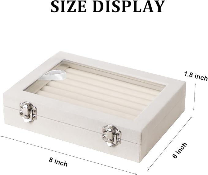 Jewelry Box Rings Organizer Tray 7 Slots Velvet Jewelry Earring Storage Box With Transparent Lid Jewelry Display Case for Girls Women (Beige) - Image 2