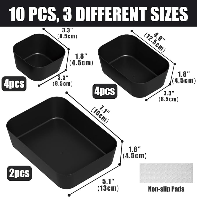Plastic Drawer Organizers, 10 PCS Drawer Organizer Bins, Bathroom and Vanity Organizer Plastic Tray, Makeup Organizer and Storage for Makeup, Bedroom, Kitchen Gadgets Utensils and Office (Black) - Image 2
