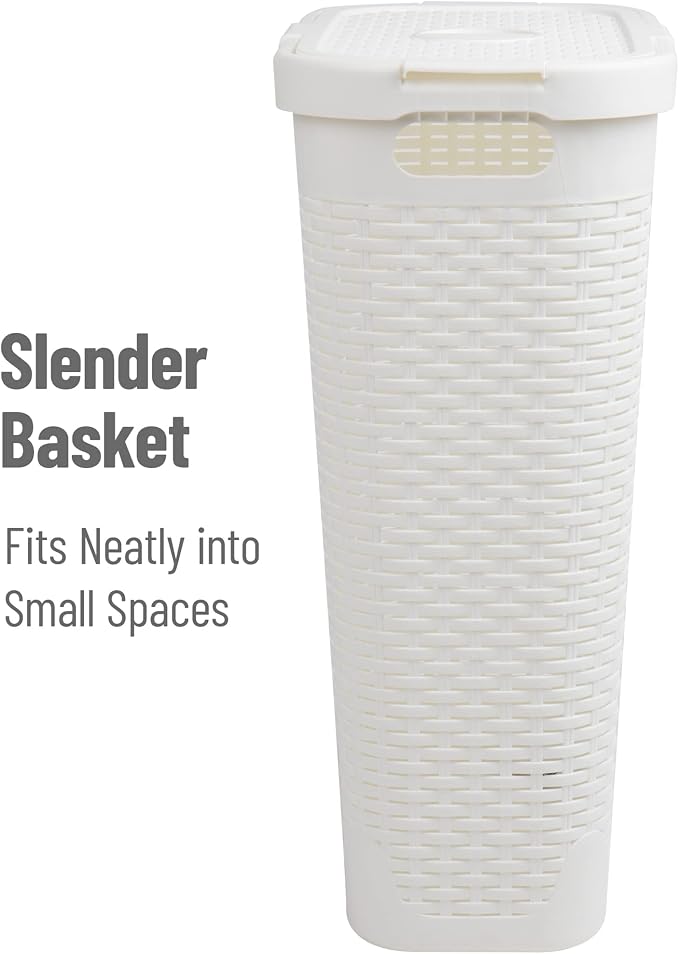 Mind Reader Slim Laundry Hamper with Lid, 40L Clothes Basket, Narrow Tapered Design with Ventilated Cutout Pattern, Plastic, White - Image 6