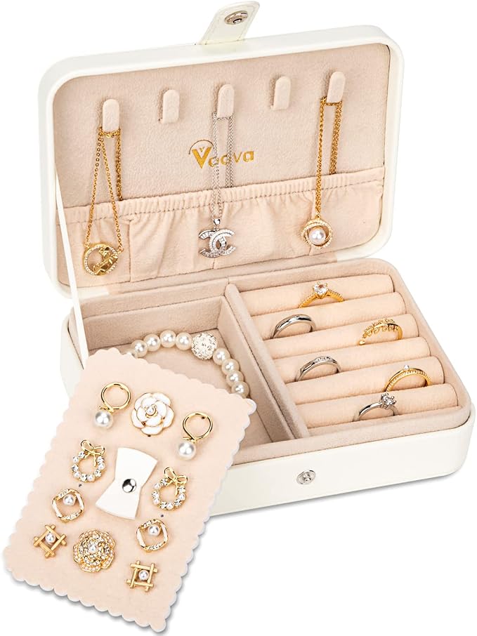 Voova Jewelry Box Organizer for Women Girls, 2 Layer Large Men Jewelry Storage Case, PU Leather Display Jewellery Holder with Removable Tray for Necklace Earrings Rings Bracelets (White, Small) by Voova