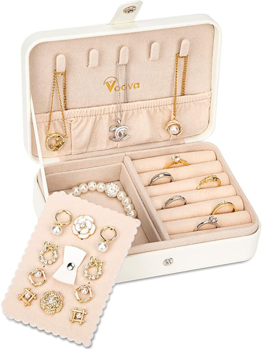 Voova Jewelry Box Organizer for Women Girls, 2 Layer Large Men Jewelry Storage Case, PU Leather Display Jewellery Holder with Removable Tray for Necklace Earrings Rings Bracelets (White, Small) by Voova