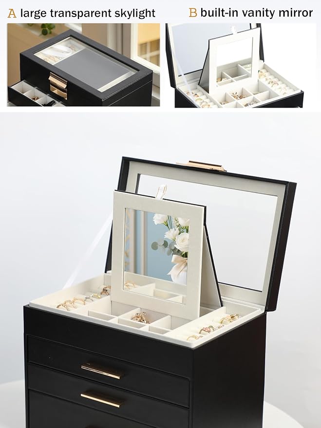 BOOVO Jewelry Boxes for Women, White and Black 6 Layer Large Jewelry Box for Necklace, Bracelet, Earrings, Rings Storage, Jewelry holder Organizer for Girls Gift (Clear Black, 4 layer) - Image 3