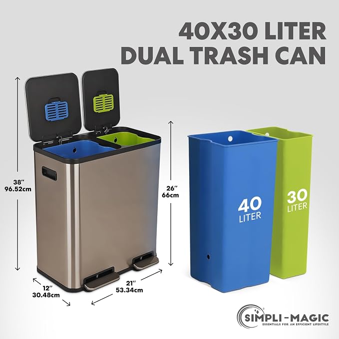Simpli-Magic 70 Liter / 18.5 Gallon Rectangular Hands-Free Dual Compartment Recycling Kitchen Step Trash Can with Soft-Close Single Lid, Stainless Steel (40L x 30L Capacity) Rose Gold Finish - Image 3