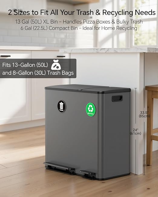 Lovewind Dual Trash and Recycling Bins for Kitchen, 13+6 Gallon Stainless Steel Garbage and Recycle Bin Combo for Large Families, Dual Trash Can with Soft Close Lid & Magnetic Stickers, Grey - Image 3