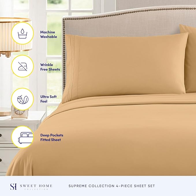 California King Sheet Sets - Breathable Luxury Sheets with Full Elastic & Secure Corner Straps Built In - 1800 Supreme Collection Cal King Deep Pocket Bedding Set, Sheet Set, California King, Camel