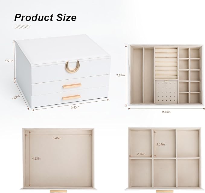 Jewelry Storage Box for 150+ Items - Features a Mirror, Smooth Gliding Drawers, and Non-Slip Earring Pads for Maximum Organization White - Image 3