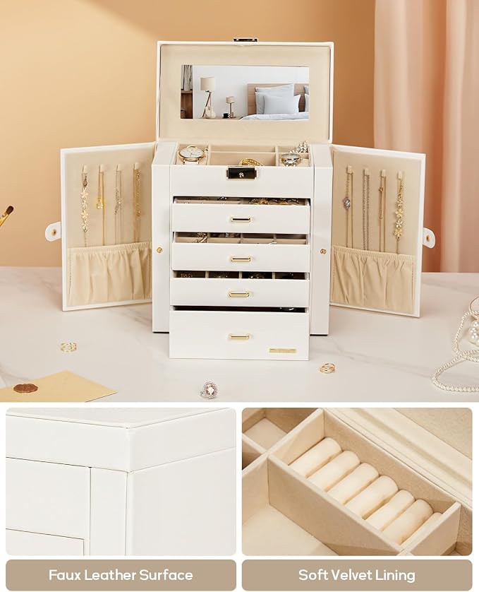 Homde Synthetic Leather Huge Jewelry Box Mirrored Watch Organizer Necklace Ring Earring Storage Lockable Gift Case (White + Gold) - Image 6