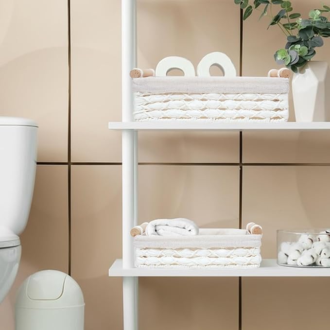 Storage Basket Wicker Baskets for Organizing with Handle Decorative Storage Bins for Countertop Toilet Paper Storage Basket for Toilet Tank Top Small Baskets Set (Set of 2,White) - Image 2