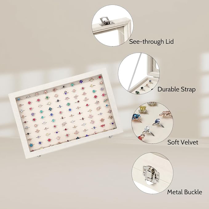 Stratalife Jewelry Organizer Ring Storage Display Tray with Clear Glass Lid Velvet Jewelry Showcase Ring Box for Multiple Rings Drawer Display 100 Slot (Beige) - Image 2