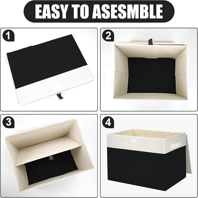 Large 17" 42 Quarts Collapsible Stackable Storage Bins with Lids [3-Pack] Foldable Fabric Linen Storage Boxes Cube, Closet Organizer Baskets with Label for Home (16.7 x 12 x 12", Black & White) - Image 3