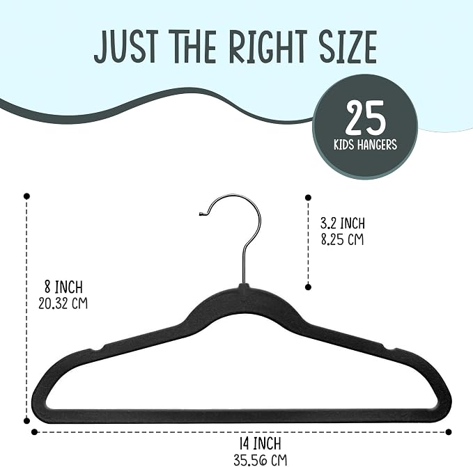 TechZoo 25 Premium Kids Velvet Hangers - 14" Non-Slip Clothes Hangers for Kids & Preteens - Ultra Slim, Space-Saving, Strong & Durable Hangers with 360° Swivel Hook - Black - Image 2