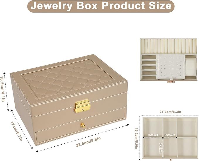 GUOER Jewelry Box for Women Girl Wife - Large PU Leather Jewelry Organizer Storage Case with Two Layers Display for Earrings Bracelets Rings Watches (Champagne) - Image 3
