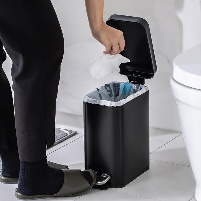 Home Zone Living 1.3 Gallon Small Bathroom Trash Can with Lid and Step Pedal, Stainless Steel Wastebasket with Slim Design for Home and Office, Matte Black, 5 Liters - Image 5