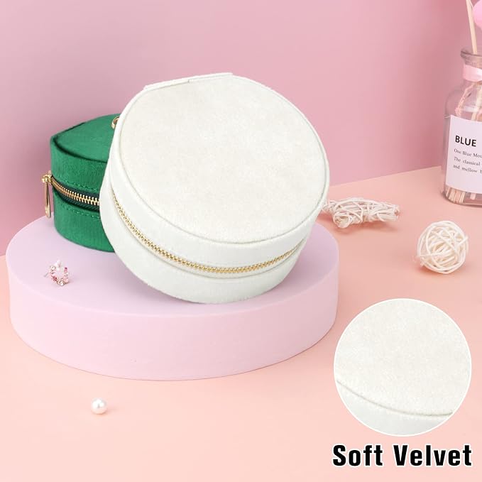 DesignSter Travel Jewelry Box - Velvet Mini Jewelry Organizer, Small Jewelry Case for Girls Women, Jewelry Storage Box for Rings Earrings Necklace (Circular, Cream Beige) - Image 5