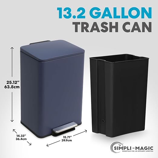 SIMPLI-Magic 50L / 13.2 Gallon Kitchen Trash Can - Soft-Close Lid, Hands-Free Step Pedal, Stainless Steel Garbage Can with Odor Filter, Smudge-Resistant Finish - Image 3