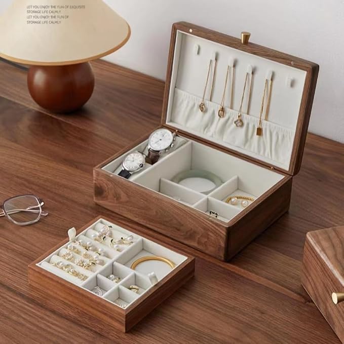 Bescott 2 Layer Solid Black Walnut Wooden Jewelry Box for Women Wood Vintage Organizer for Men Earrings Rings Necklaces Bracelet Watch Storage - Image 6