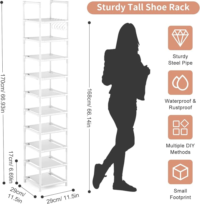 LANTEFUL Tall Narrow Shoe Rack 10-Tier Skinny Shoe Shelf Storage for 10-15 Pairs Shoes and Boots, Space Saving Corner Shoe Rack Organizer for Closet, Entryway, Garage, Living Room,White - Image 3