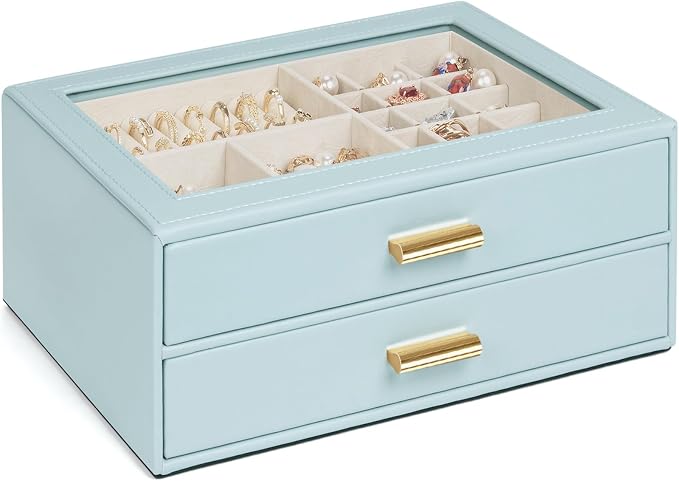 AKOZLIN Jewelry Box with Clear Lid Functional Leather Jewelry Storage Organizer Case 2 Drawers for Women Girls Necklace Ring Bracelet Earring by AKOZLIN