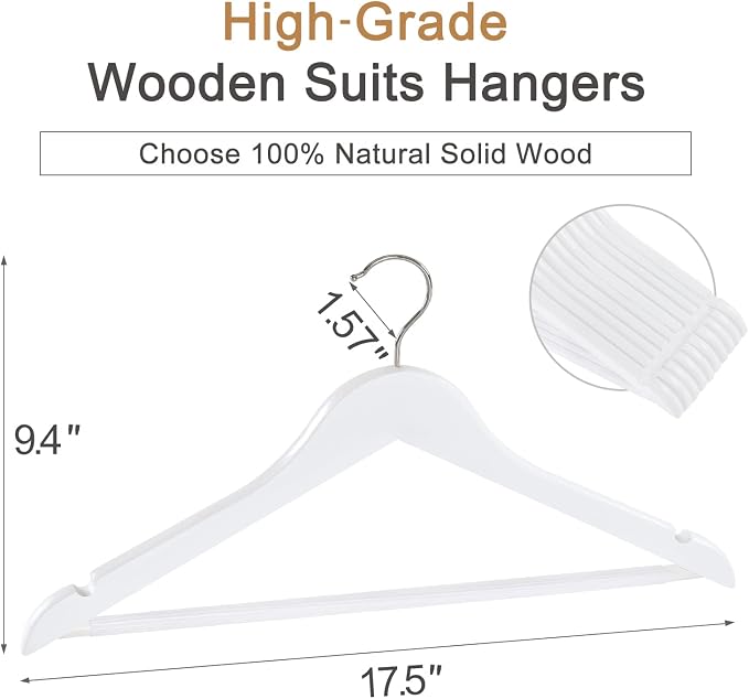 TOPIA HANGER Wooden Coat Hangers 30 Pack, White Wood Suit Hangers with Non Slip Pants Bar, 360° Swivel Hook and Shoulder Notches for Camisole, Jacket, Pants, Smooth Finish Clothes Hangers -CT34W30 - Image 2