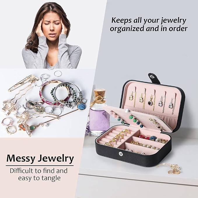 Hatori Travel Jewelry Box, PU Leather Small Jewelry Organizer for Women Girls, Portable Mini Travel Case Display Storage Holder Boxes for Stud Earrings, Rings, Necklaces, Bracelets (Black Beige) - Image 7