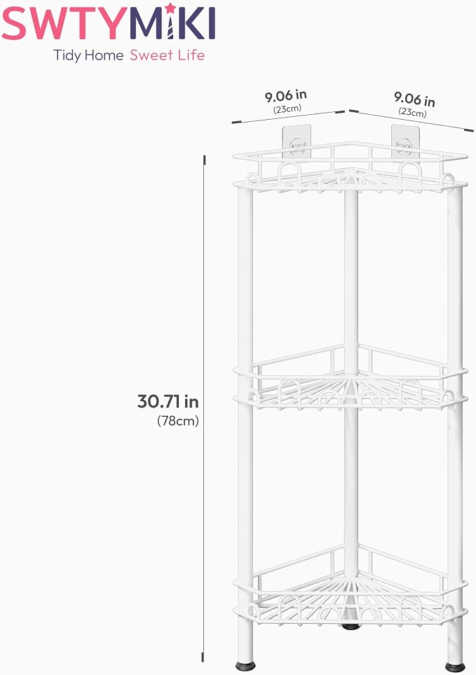 SWTYMIKI Standing Shower Caddy Corner - 3‑Tier Stainless Steel Shower Organizer Shelf with 12 Hooks and Adhesive Pads, Rustproof Corner Shelves Stand Rack for Bathroom Shower Room, white - Image 7