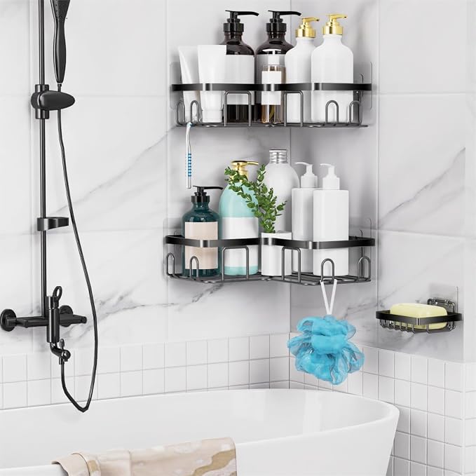 Moforoco Corner Shower Caddy Shelf Organizer Rack, Self Adhesive Black Bathroom Shelves Basket, Home Wall Shower Inside Organization and Storage Decor RV Accessories, First Apartment Essentials - Image 5