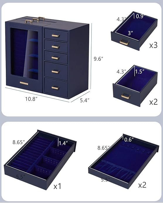 Homde Large Jewelry Box/Organizer/Case with Glass Window, Drawers for Necklaces Earrings Rings Bracelets Watches Gift for Women Girls - Image 6