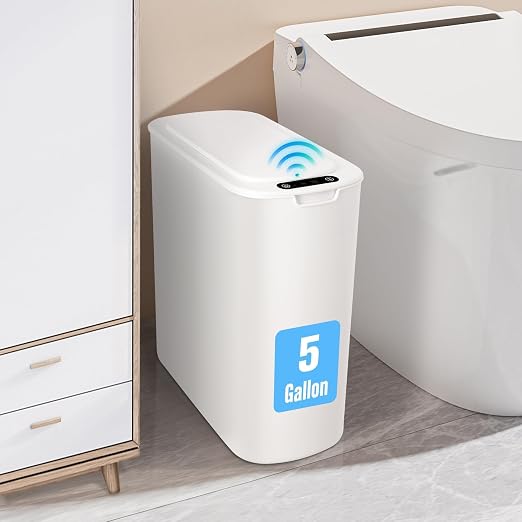 Cesun Motion Sensor Trash Can, 5 Gallon Automatic Bathroom Garbage Can with Lid, Touchless Smart Plastic Slim Wastebasket for Bathroom, Office, rv, Bedroom, Living Room, White by Cesun