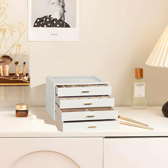 Jewelry Box with Glass Lid, 4-Layer Jewelry Organizer for Women Girls, PU Leather Display Case with 20-Grid Earring Tray & Movable Dividers for Necklaces Rings - Cloud White - Image 2
