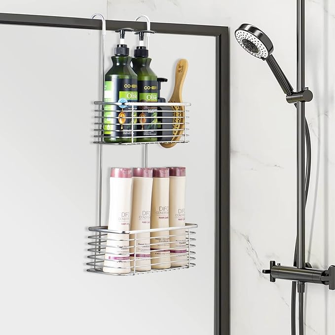 YQh Stainless steel double-layer shower rack, shower room hanging bathroom organizer, storage rack installed on the hanging bar or door, can store shampoo, hair conditioner, shower gel (double) - Image 4