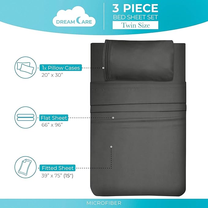 DREAMCARE Twin XL Sheet Sets - 3 pcs Breathable Cooling Bed Sheets - up to 21" Extra Deep Pocket Twin XL Sheets Set with Side Pockets - Extra Soft 100% Brushed Hypoallergenic Hotel Luxury - Dark Gray