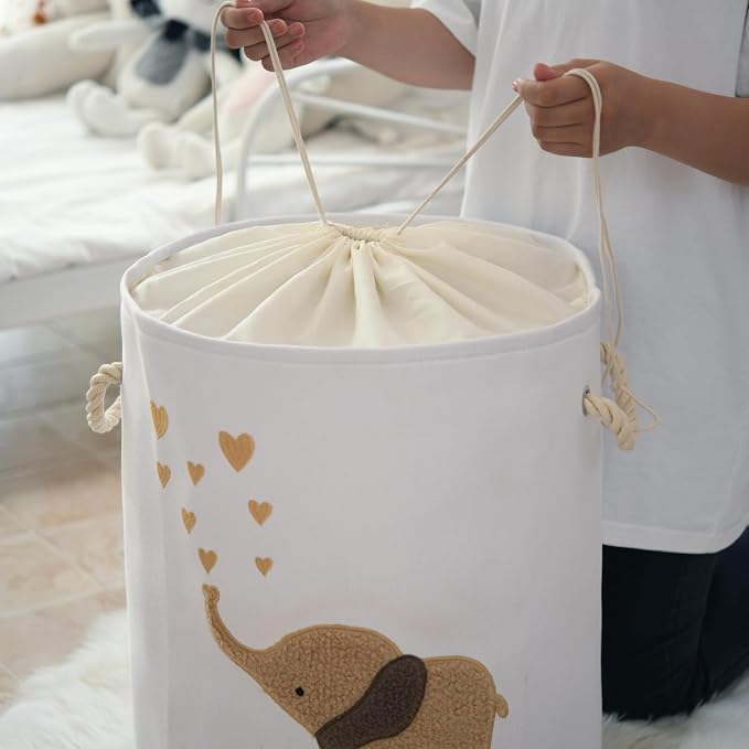 INough Baby Laundry Basket Laundry Hamper, Canvas 58L XL Baby Clothes Basket, Collapsible Brown Laundry Basket for Nursery Toy Baskets with Drawstring Closure, KidsRoom Decor for Boys - Image 7