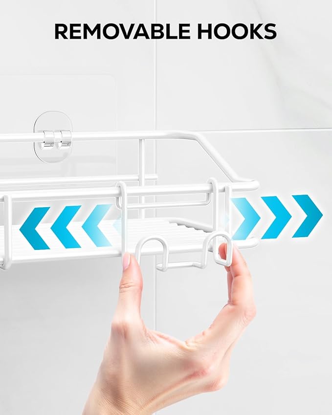 Nieifi Shower Caddy Shelf with Hooks Storage Rack Organizer Adhesive Stainless Steel Without Drilling for Bathroom, Lavatory, Washroom, Restroom, Shower, Toilet, Kitchen - 2 Pack (White) - Image 5
