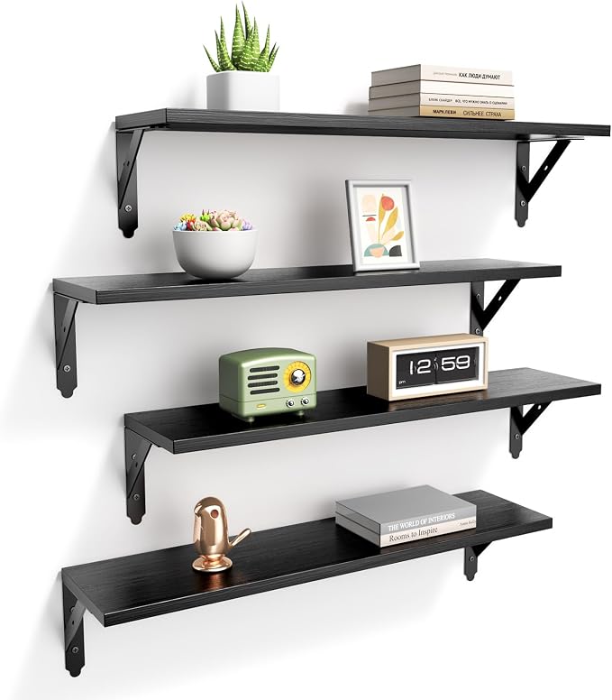 ROMGUAR CRAFT Wood Floating Shelves Set of 4, Rustic Storage Decor Wall Shelves, Wall Mounted Shelf for Living Room, Bedroom 23.6" x 6", Black by ROMGUAR+CRAFT