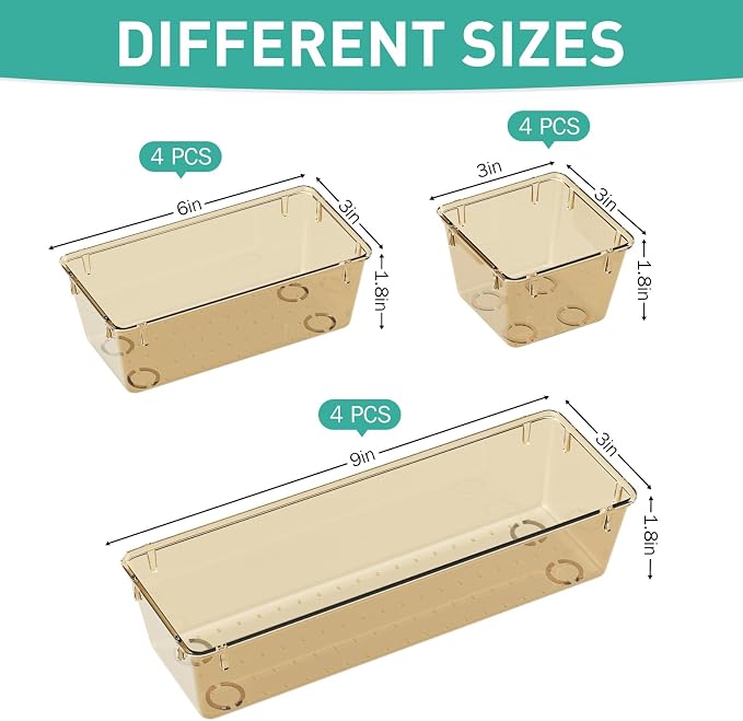 WOWBOX 9 Pack Clear Drawer Organizer Set, Acrylic Drawer Storage Trays, Storage Bins for Makeup, Cosmetics, Jewelries, Utensils, Gadgets, Office, Champagne - Image 2