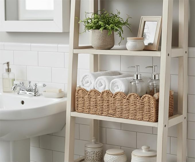 CubesLand Paper Rope Scalloped Edge Toilet Paper Storage Basket, Small Living Room, Bedroom Decor Baskets for Over Toilet Storage Shelf, End Table, Shelves and More, with 2 Wooden Handle, Neutral - Image 3